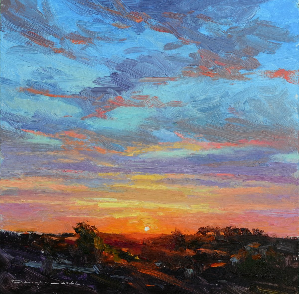 Impressionistic Landscape Oil Painting By Ruslan Kiprych, 9 X 9", Warm Sunset, Original Artwork
