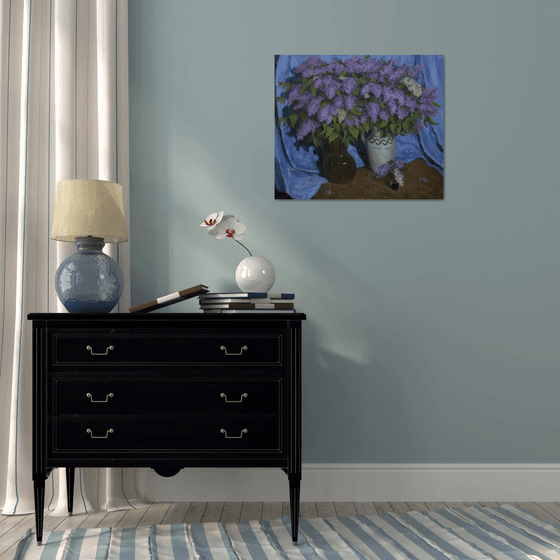 The Still Life With Lilacs And The Blue Curtain - Lilacs painting