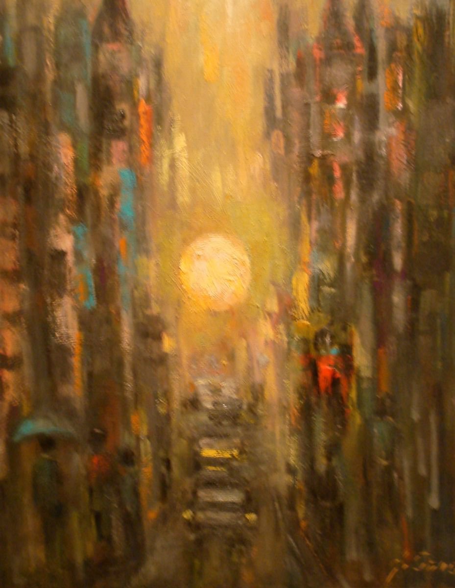 Impressionistic Cityscapes Oil Painting By Adel Sansur, 18 X 24, New York Skyline Sunset, Original Artwork
