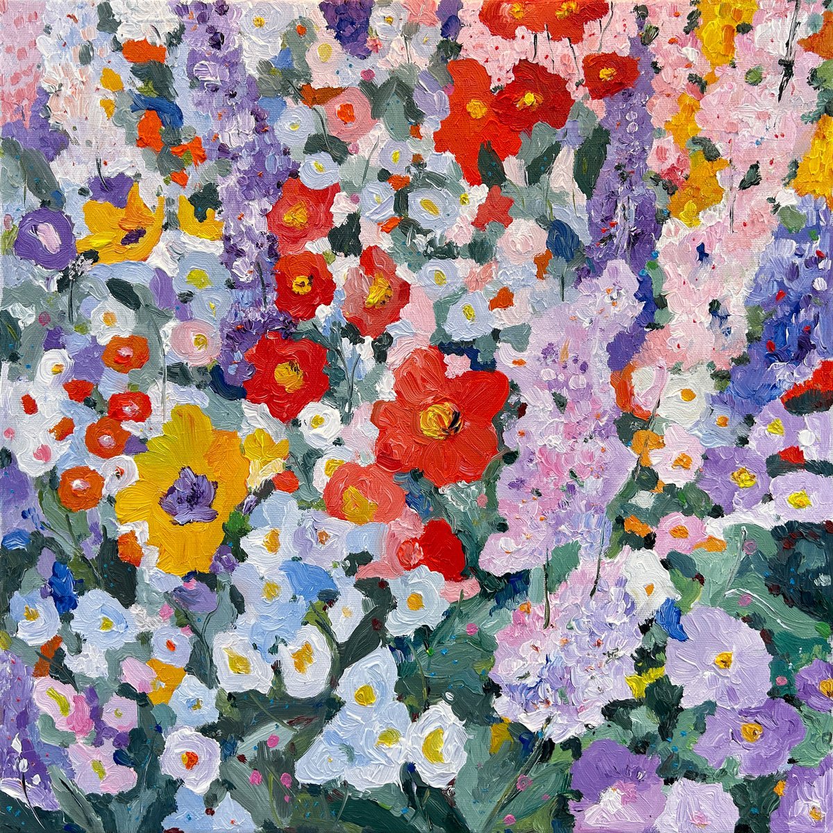 Impressionistic Botanical Oil Painting By Irina Anis, 16 X 16, Pastel Flower Field, Original Artwork