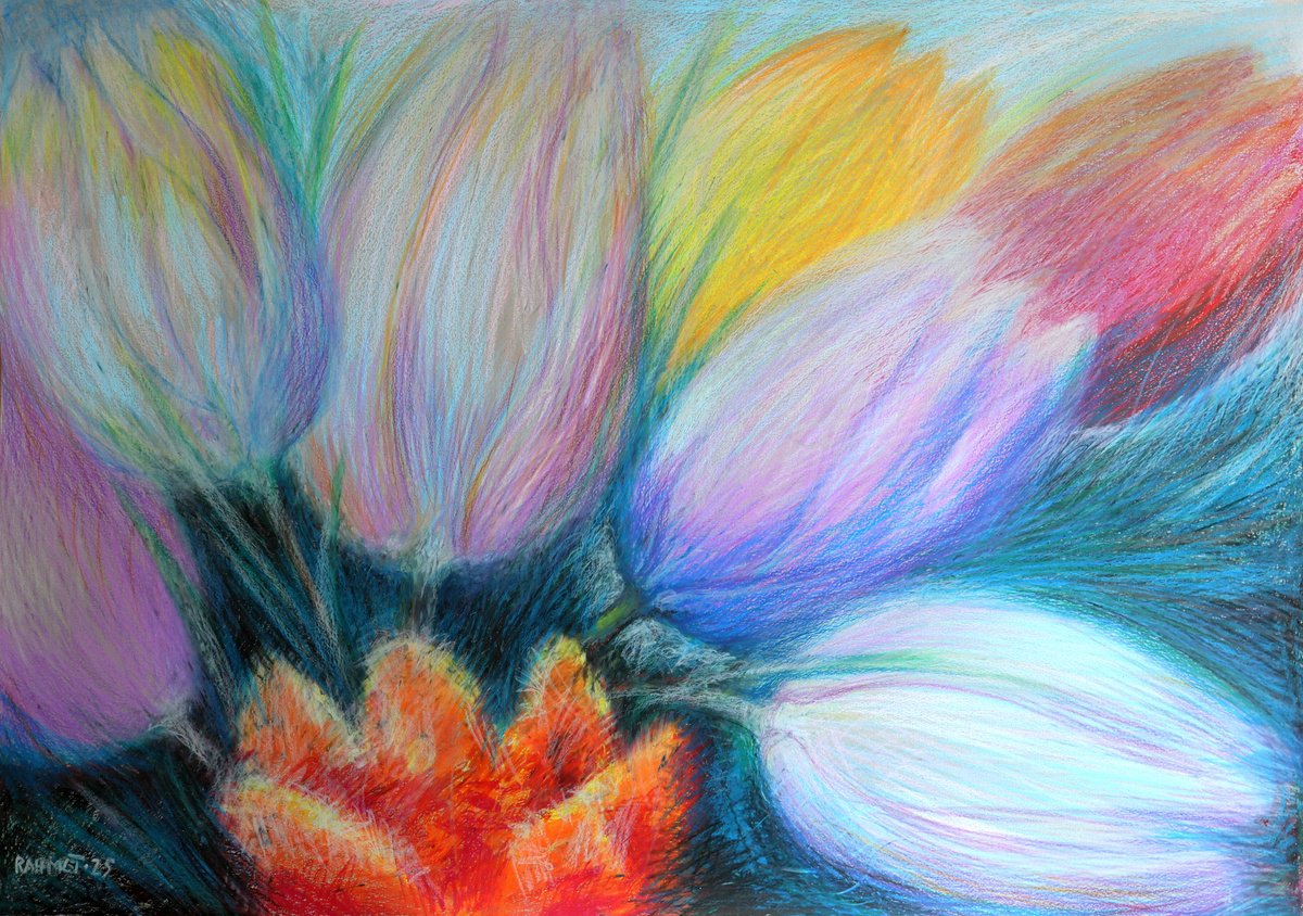 Impressionistic Botanical Acrylic Painting By Rakhmet Redzhepov, 34 X 24", Tulips Grey, Original Artwork