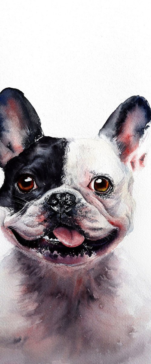 Cute bulldog portrait - Original Watercolor Painting by Yana Shvets