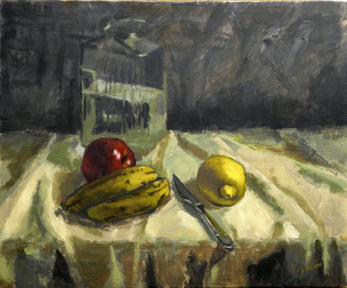 Bodegó de poma, plàtans i llimona by Víctor Susín