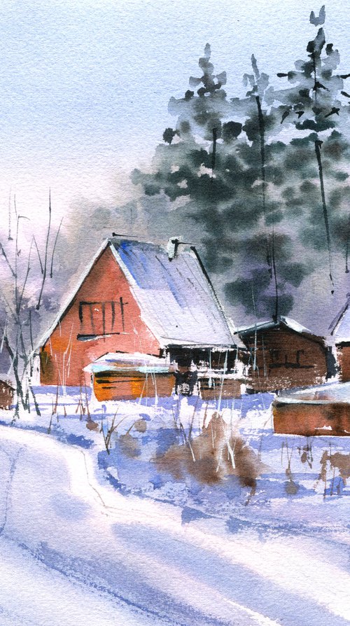 Winter in the country original watercolor painting with snow and sunset , medium format artwork on paper by Irina Povaliaeva