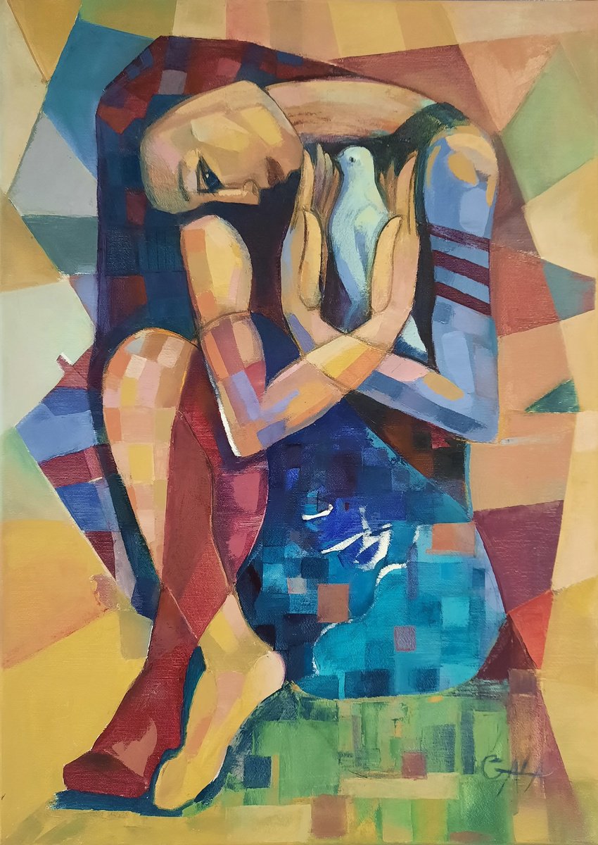 Expressive Portrait Oil Painting By Galya Koleva, 20 X 28, Blanco, Original Artwork