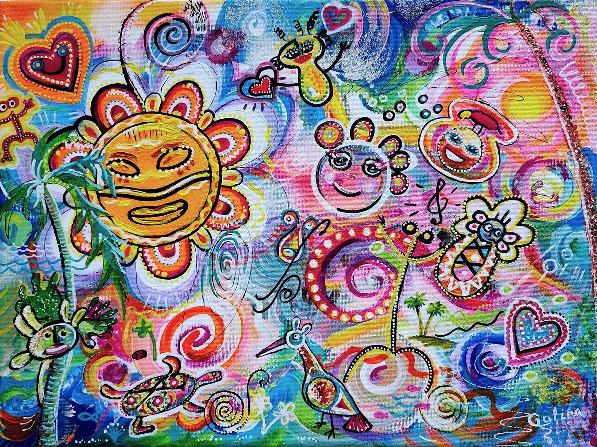 Expressive Abstract Acrylic Painting By Galina Victoria, 16 X 12, Echoes Of Taino, Original Artwork