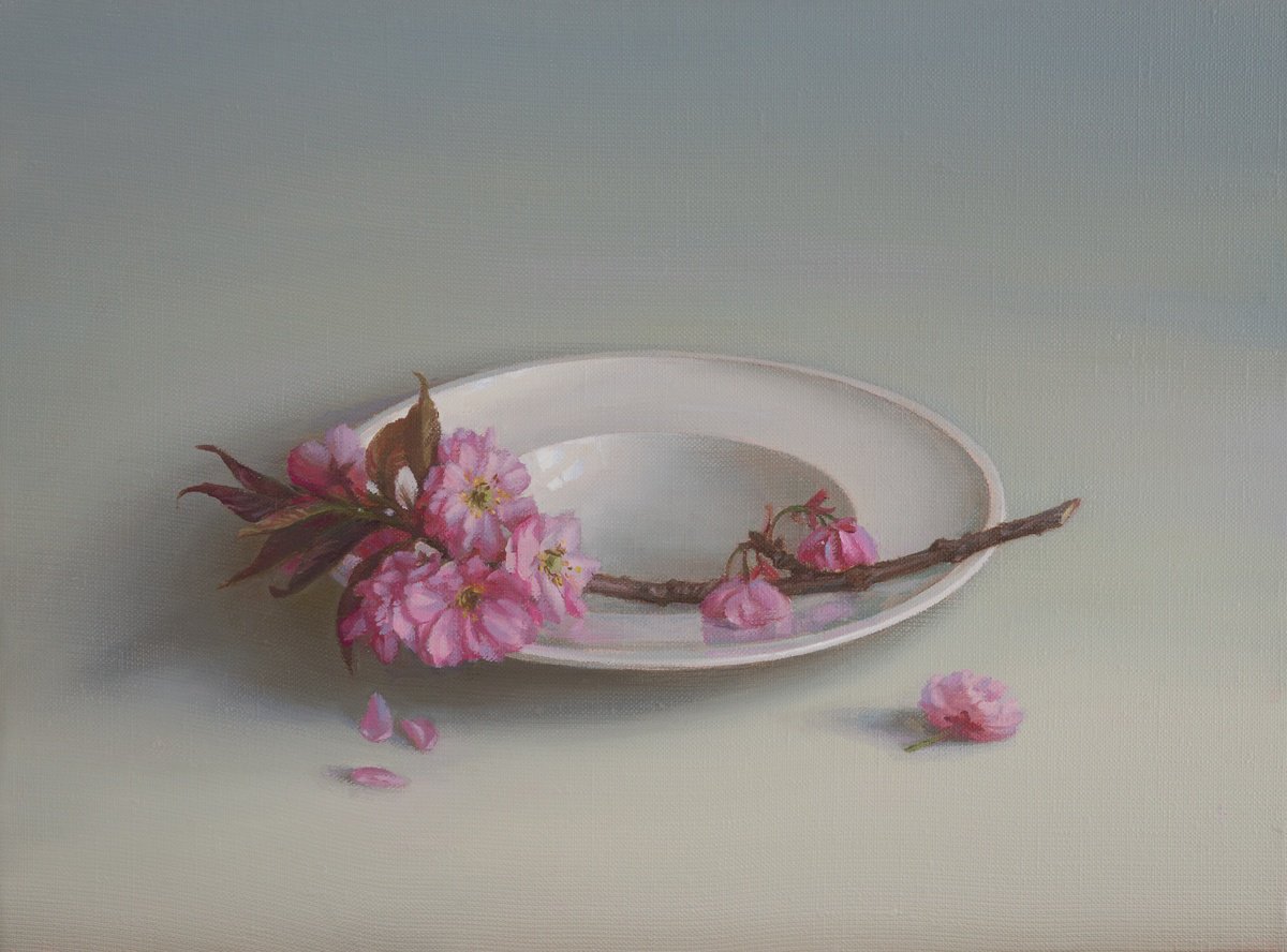 Photorealistic Still Life Oil Painting By Irina Trushkova, 16 X 12, Sakura, Original Artwork