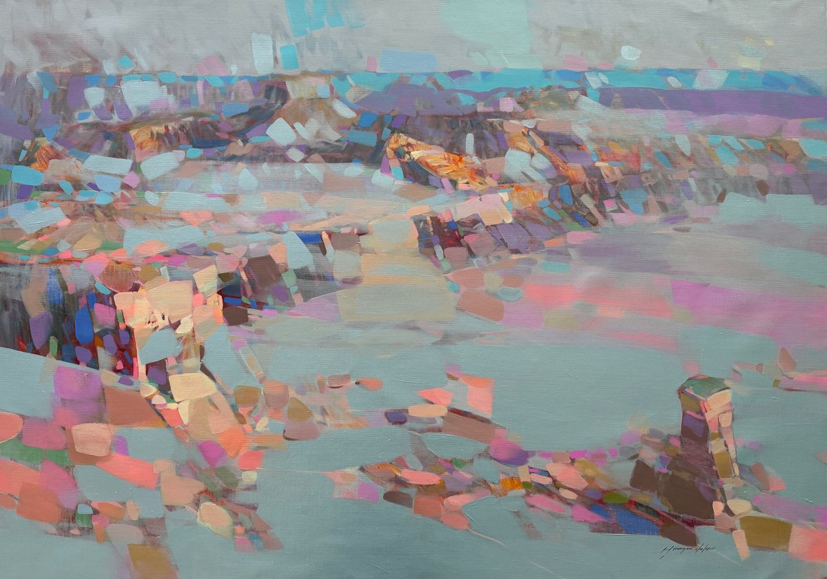 Abstract Landscape Acrylic Painting By Vahe Yeremyan, 63 X 45", Pearl Canyon, Original Artwork