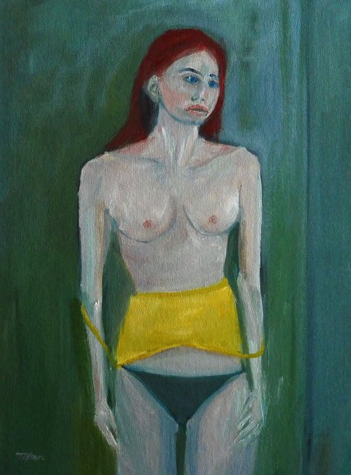 FEMALE NUDE REDHEAD, YELLOW SLIP. by Tim Taylor