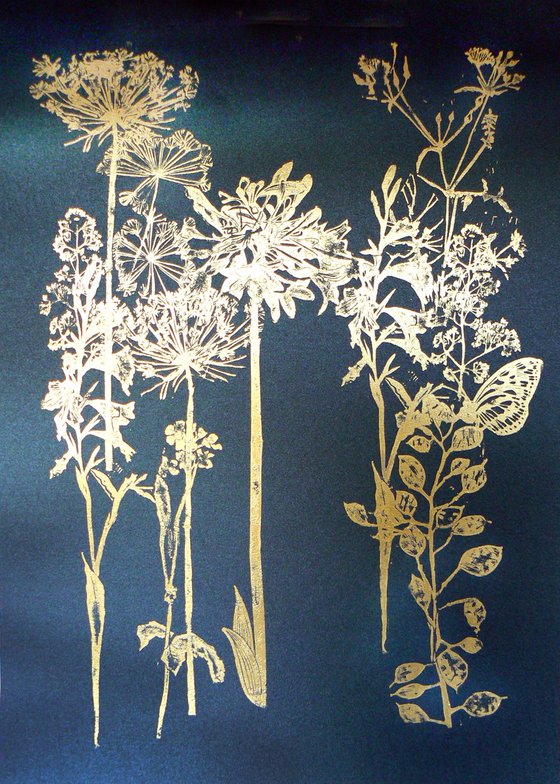 Flora and fauna in gold (#1) on black Russian cardstock