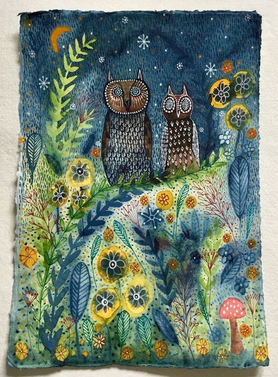 Night Owls,  Owl Watercolour Painting