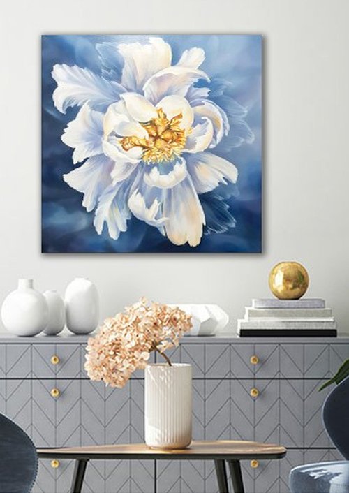 WONDERFUL DREAM -  oil painting, 50/50,  realism, white flower on blue by Elena Smurova