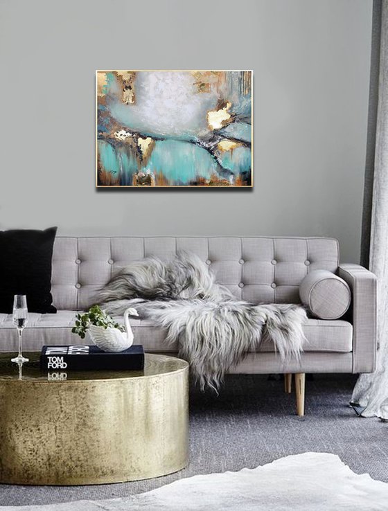 Awake my Soul - Teal Abstract Painting 32" Large Canvas, Gold Leaf, Minimalist Painting, Blue Green Aqua Abstract Painting