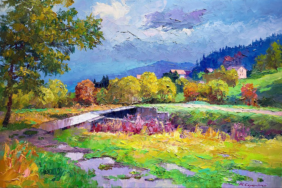 Impressionistic Landscape Oil Painting By Boris Serdyuk, 35 X 24, After Rain, Original Artwork
