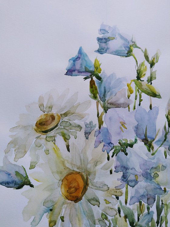 Bouquet with daisies and bluebells.  Original watercolour painting.