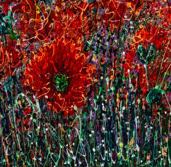 Wild Poppy Field Against the Sky #1  Pollock Inspired  Painting