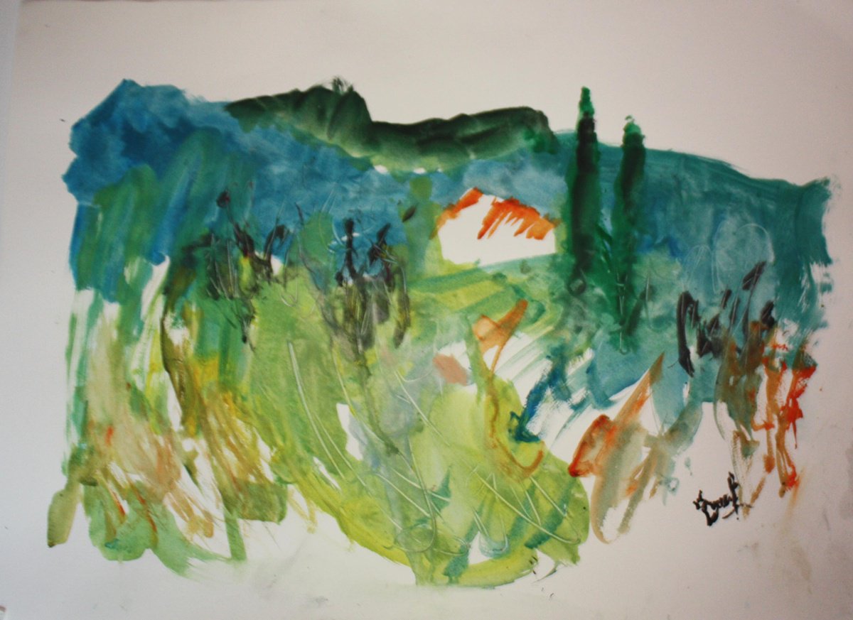 Impressionistic Landscape Watercolour By Jacques Donneaud, 30 X 22, Paysage Du Luberon, Original Artwork