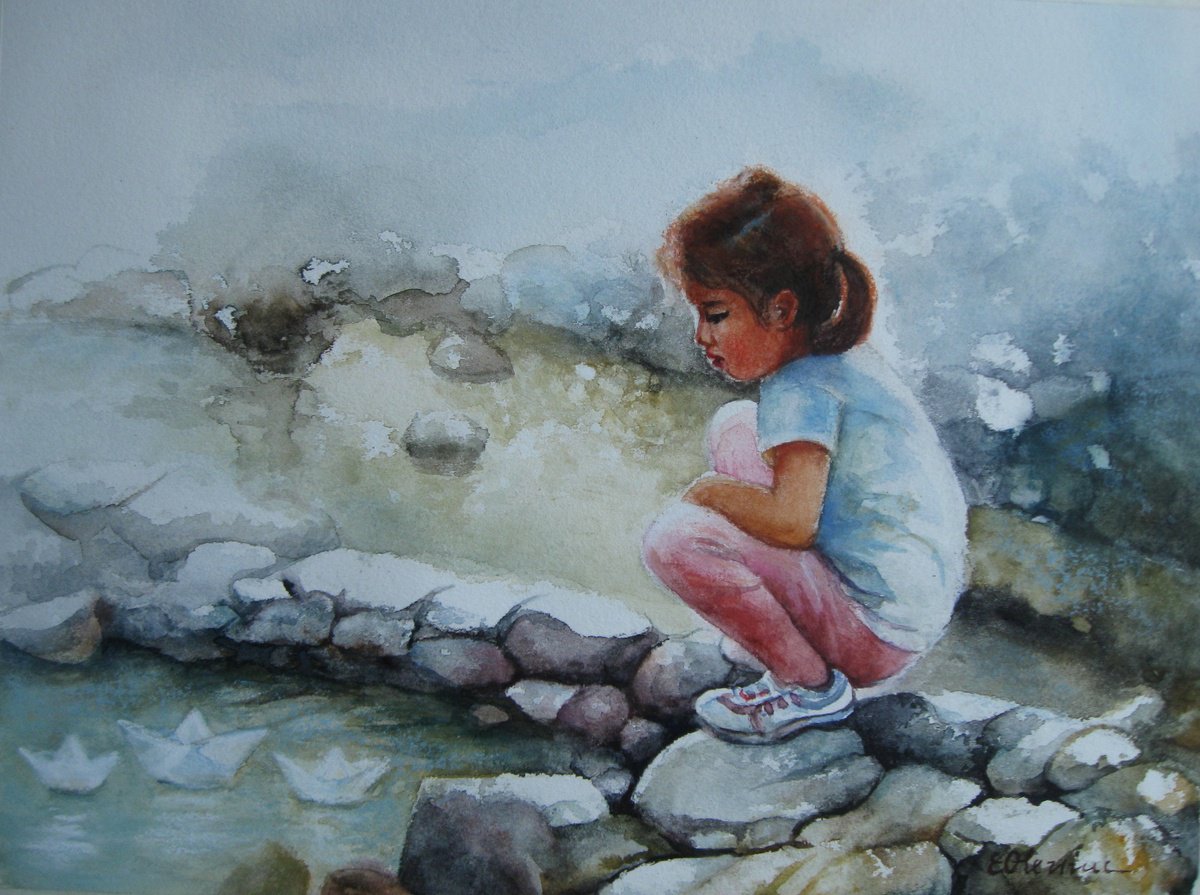 Impressionistic Portrait Watercolour By Elena Oleniuc, 17 X 13, In My World, Original Artwork