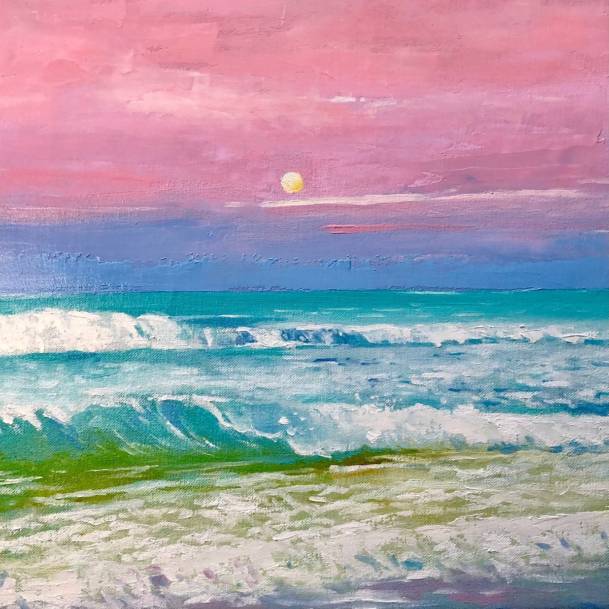 Landscape Oil Painting By Volodymyr Smoliak, 16 X 16", Pink Sunset, Original Artwork