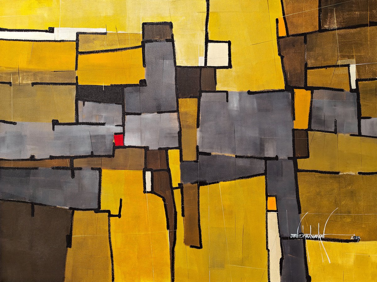 Abstract Painting By Amrish Malvankar, 48 X 36, Syntax 11 - Amber Grid, Original Artwork