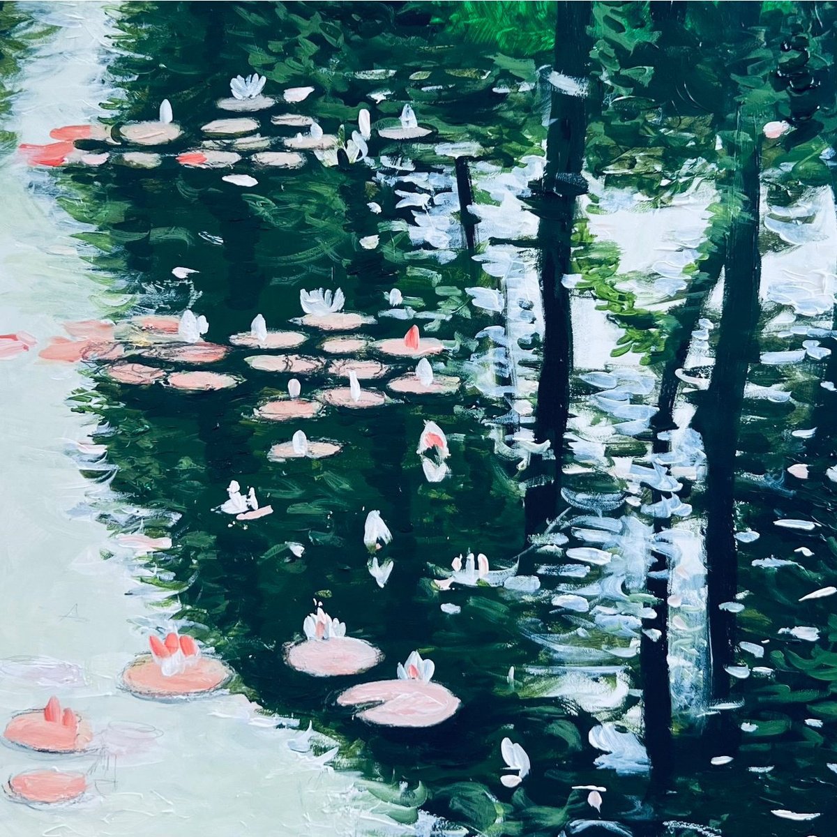 Impressionistic Botanical Acrylic Painting By Shabs Beigh, 12 X 12", Pink Lilies On The Green, Original Artwork