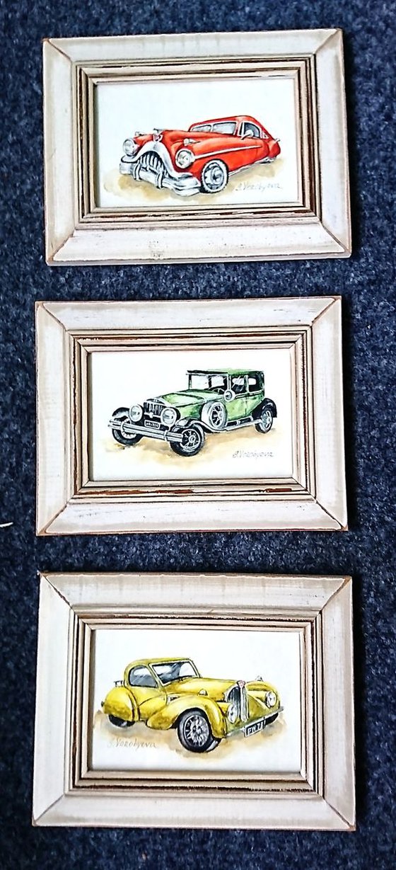 Red car. Watercolor miniature. Part from "Retro cars" series. Framed