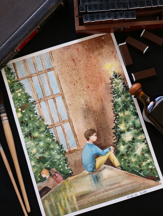 Harry Potter in the Hogwarts Hall. Christmas. Watercolor artwork.