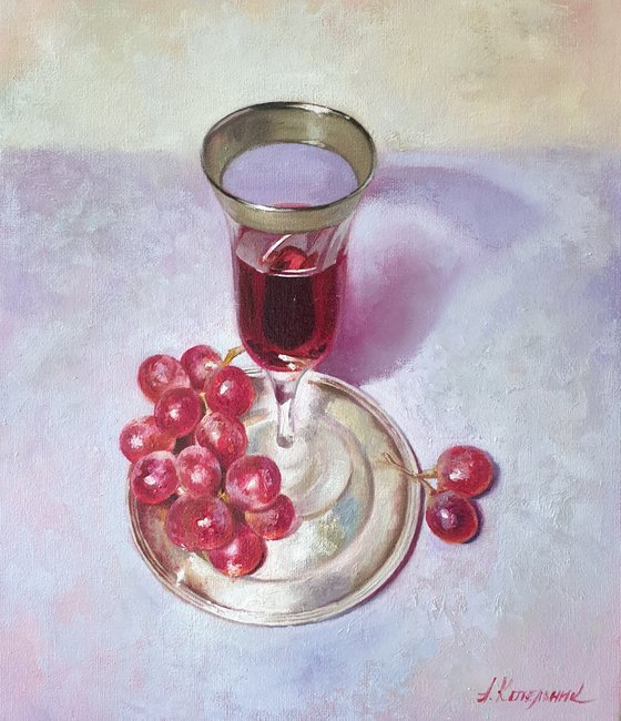 "Wine and grapes." still life summer grape liGHt original painting  GIFT (2020)