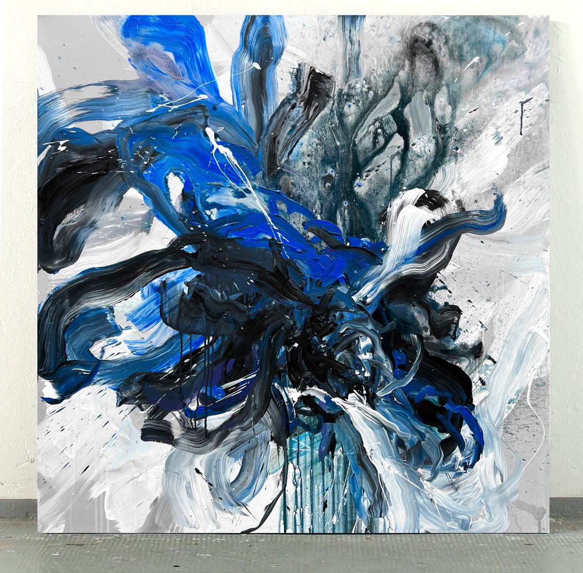 Abstract Botanical Acrylic Painting By Rosi Roys, 39 X 39", Monochrome Flower 2, Original Artwork