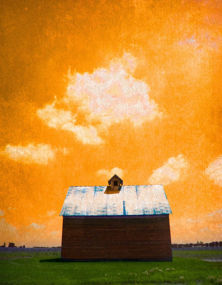 Photorealistic Landscape Photograph By Robert Tolchin, 16 X 20", Unitled (Barn With Orange Sky), Original Artwork