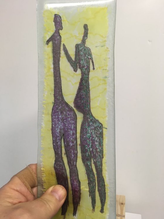 Rock couple - glass-mounted translucent silk drawing - ready to display - window sculpture
