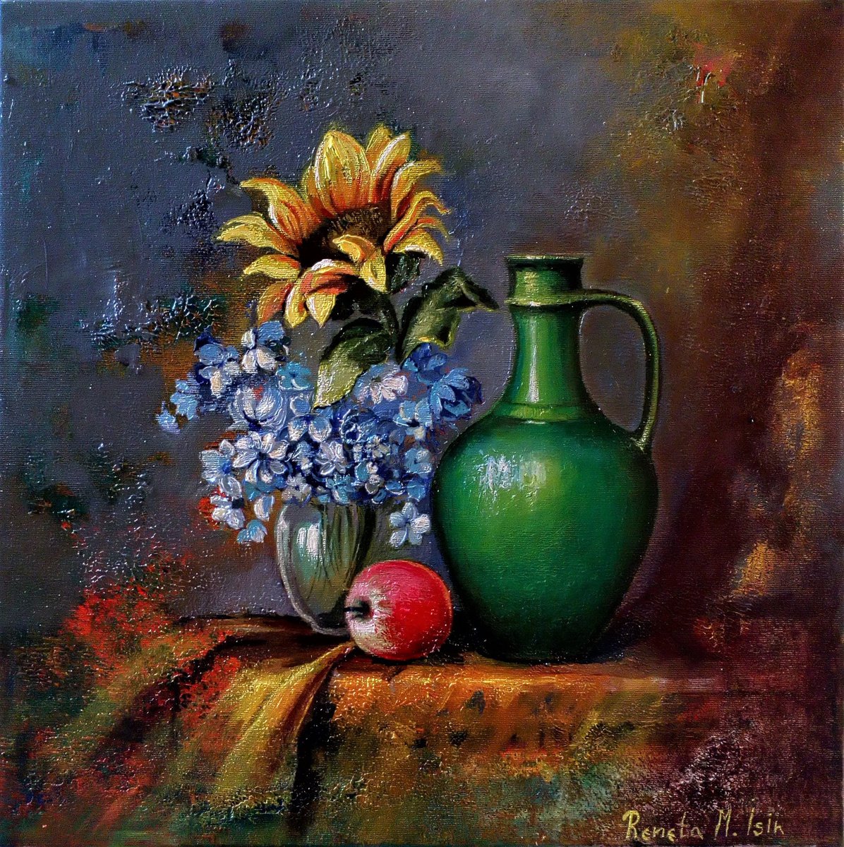 Impressionistic Still Life Oil Painting By Reneta Isin, 20 X 20", Still Life With Sunflower, Original Artwork