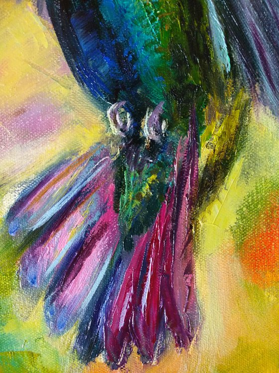 Ready to Hang Flying Hummingbird Bird Art Tropical Flower Wildlife Nature