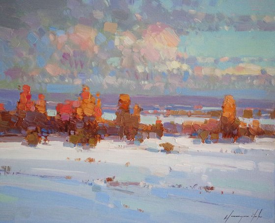 Landscape Oil painting, Winter, River Side, One of a kind, Signed with Certificate of Authenticity