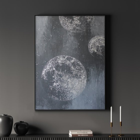 "Silver Planets" Abstract gray silver planets