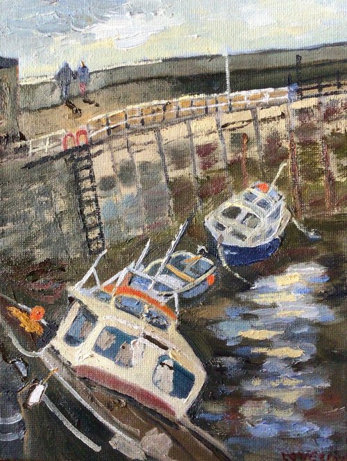 Boats at their moorings, an original oil painting by Julian Lovegrove Art