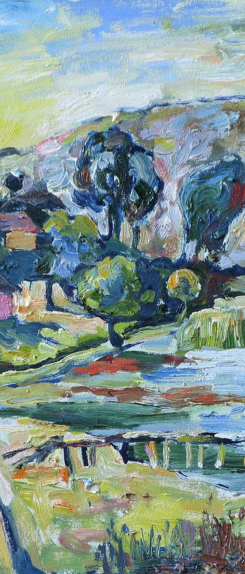 Summer, river and purple house. by Nikifor Swiristuhin