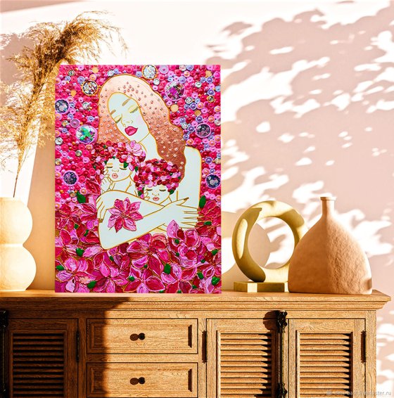 Mother and babies. Hot pink painting with floral woman. Mosaic love gift