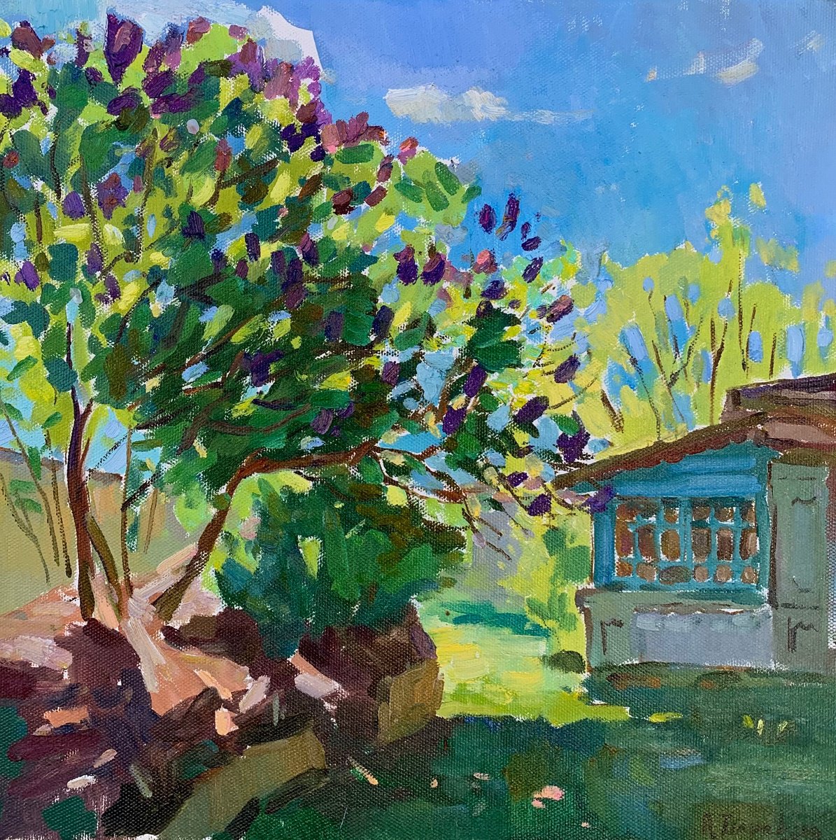 Impressionistic Landscape Oil Painting By Andriy Berekelia, 20 X 20, Lilac Shade By The House, Original Artwork