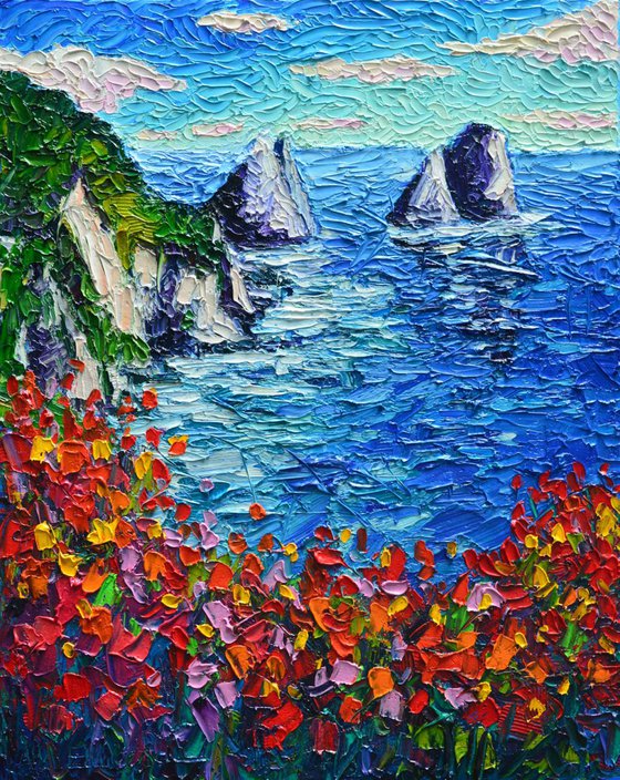 ITALY SEASCAPE - CAPRI ISLAND FARAGLIONI - modern impressionist palette knife oil painting Mediterranean vibrant colors