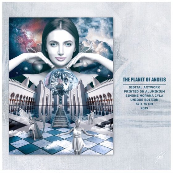 THE PLANET OF ANGELS | Digital Painting printed on Alu-Dibond with white wood frame | Unique Artwork | 2019 | Simone Morana Cyla | 57 x 75 cm | Art Gallery Quality |
