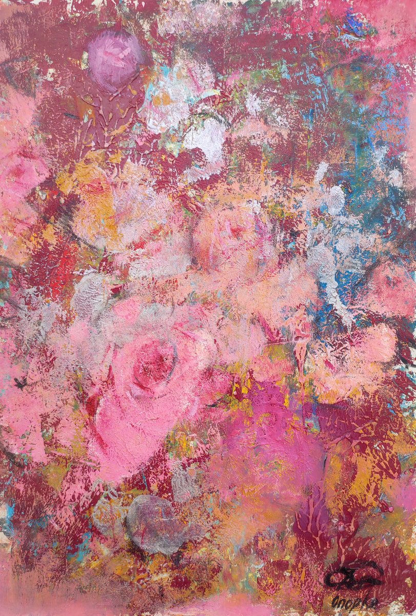 Organic Abstract Painting By Olga Onopko, 13 X 19", Abstract Roses 2, Original Artwork