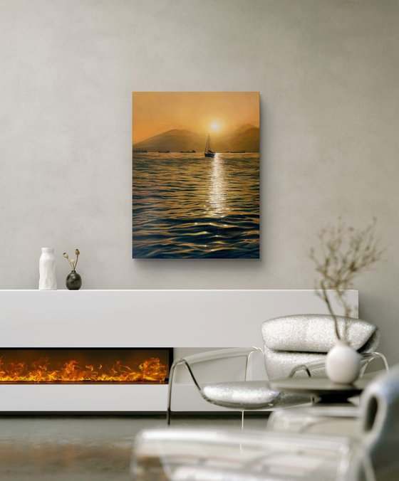 Peace of mind. Sailboat at sunset