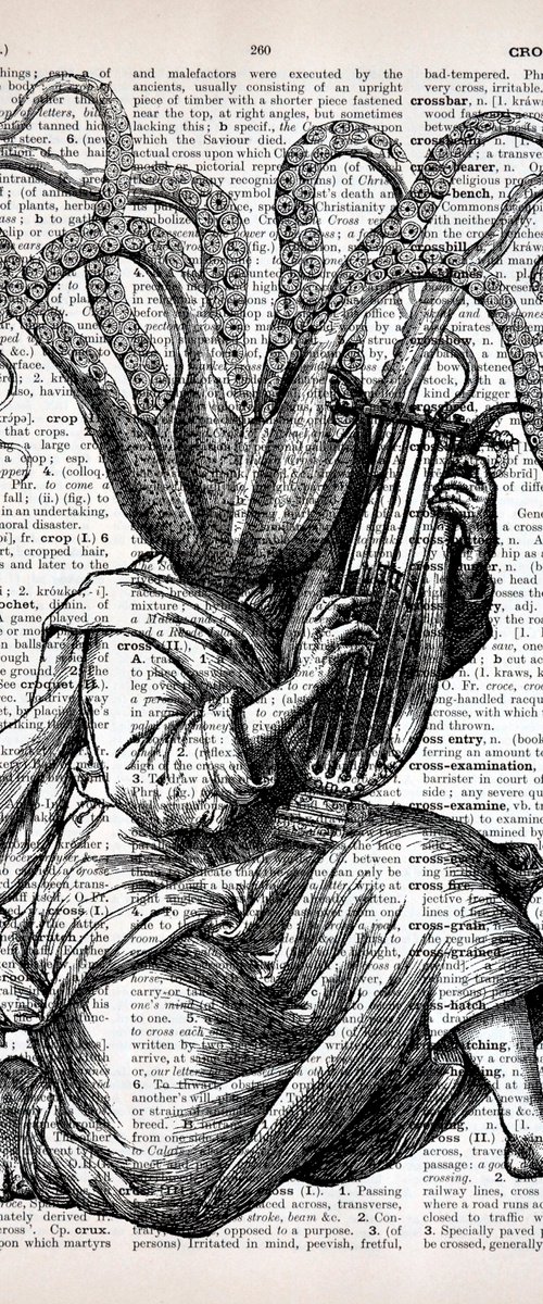 Octopus Musician - Collage Art Print on Large Real English Dictionary Vintage Book Page by Jakub DK - JAKUB D KRZEWNIAK