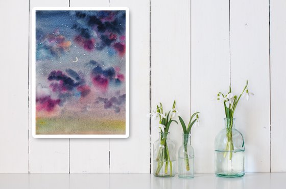 New moon - original watercolor sky painting