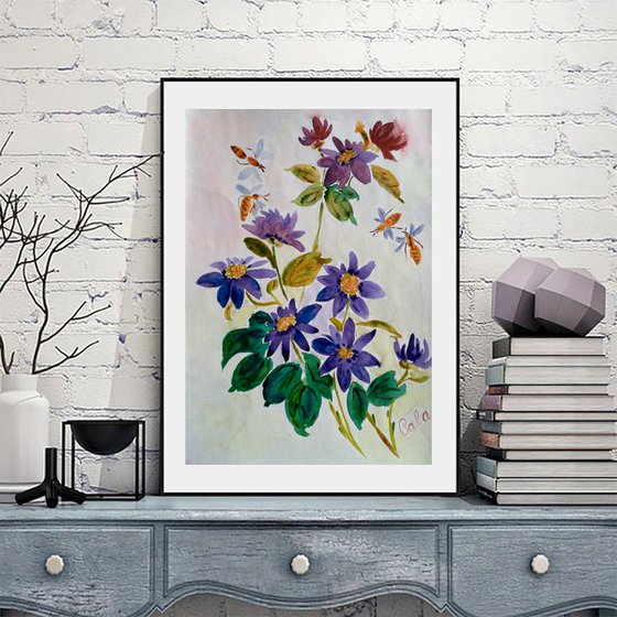 Honeybee Painting Original Watercolor Artwork Flower Art Home Decor 12 by 17" by Halyna Kirichenko