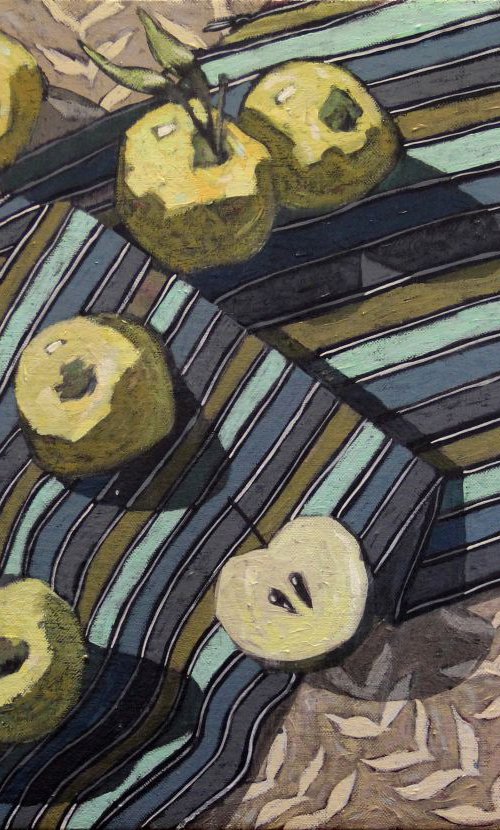 Apples on a striped drapery by Natalia Leonova