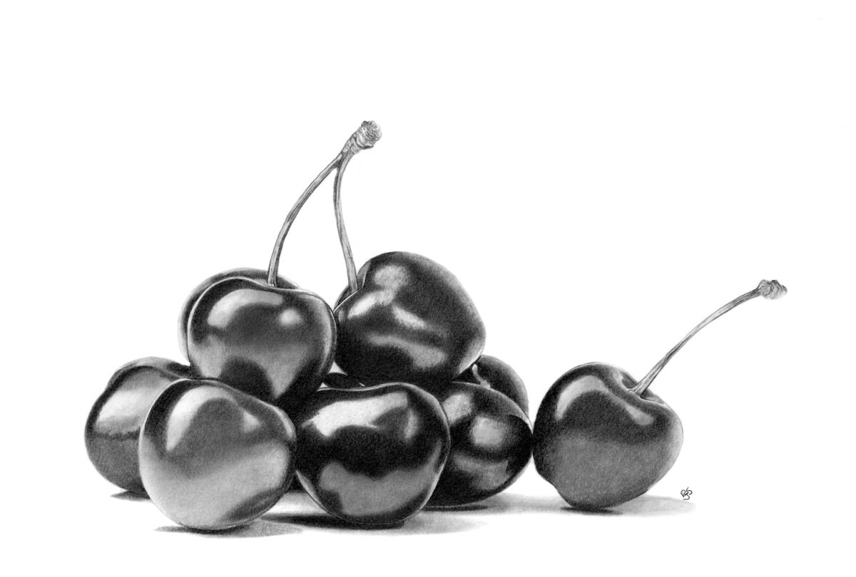 Photorealistic Pencil Drawing , Cherries #2 By Paul Stowe, 20 X 14, Artwork For Sale On Artfinder