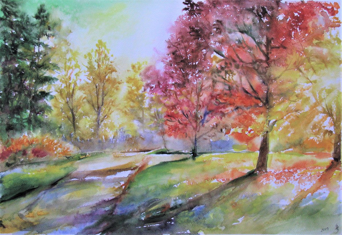 Impressionistic Landscape Watercolour By Szekelyhidi Zsolt, 19 X 13", Autumn Morning, Original Artwork