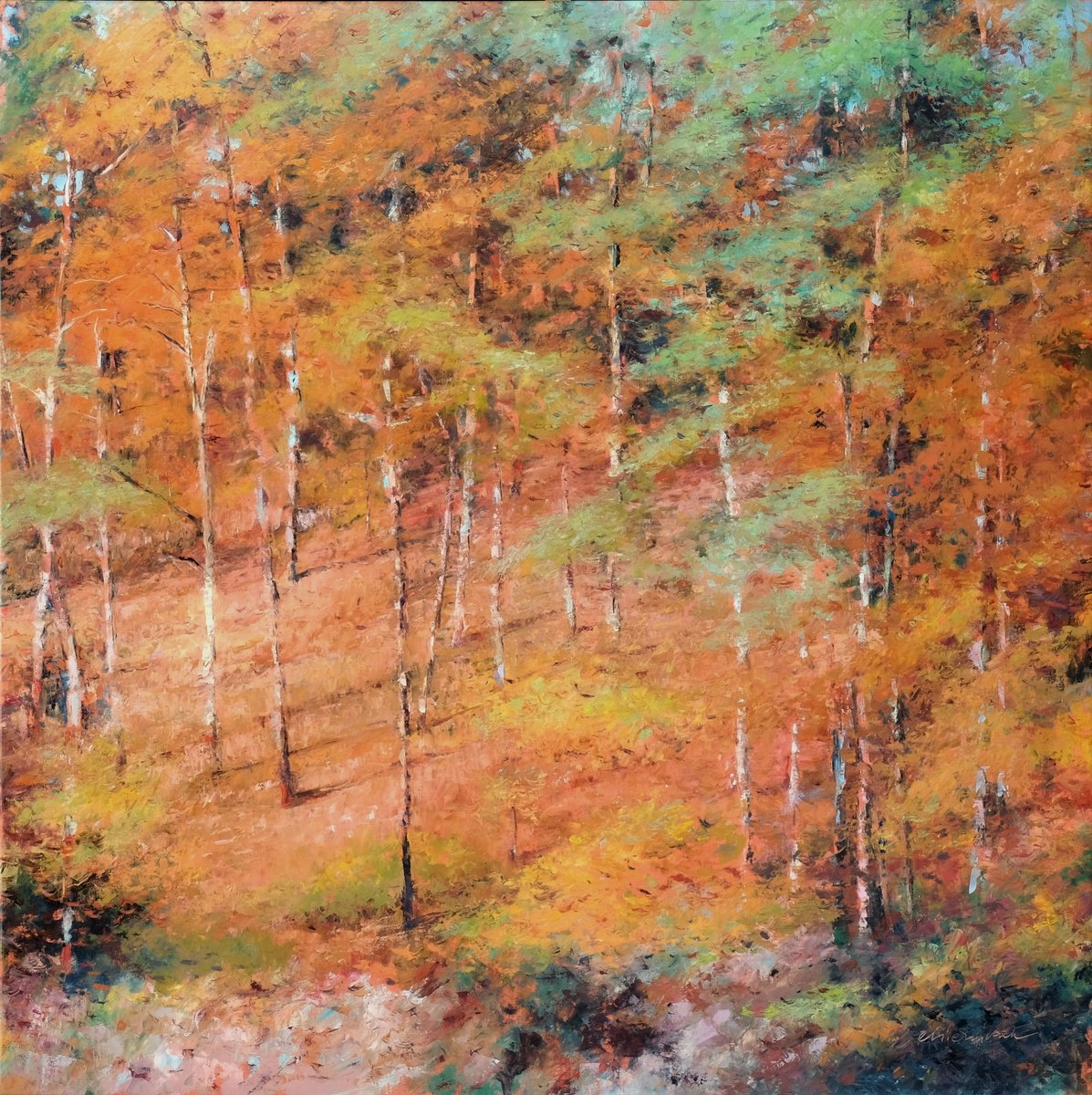 Impressionistic Landscape Oil Painting By Richard Mierniczak, 39 X 39", Forest At Baerensee 2., Original Artwork